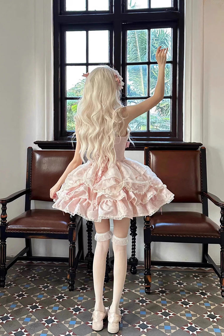 Sweet Lolita JSK - Multi-layer Ruffle Bowknot, Pink, Ruffled, Lace-Up, Bow Detail - additional product view 4