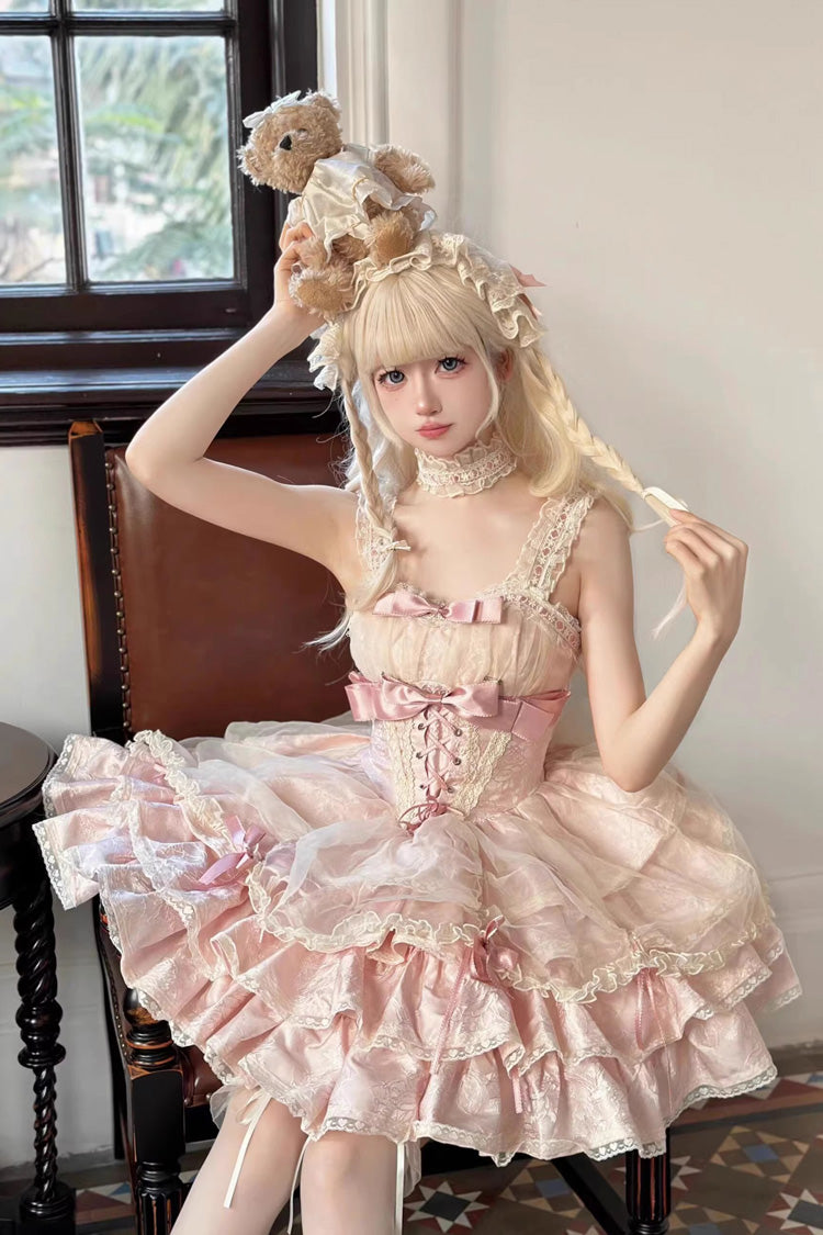 Sweet Lolita JSK - Multi-layer Ruffle Bowknot, Pink, Ruffled, Lace-Up, Bow Detail - additional product view 5