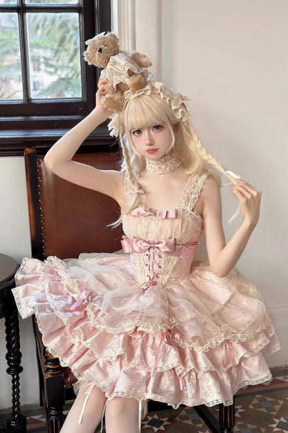 Sweet Lolita JSK - Multi-layer Ruffle Bowknot, Pink, Ruffled, Lace-Up, Bow Detail - additional product view 5