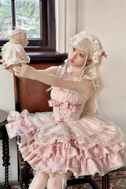 Sweet Lolita JSK - Multi-layer Ruffle Bowknot, Pink, Ruffled, Lace-Up, Bow Detail - additional product view 7