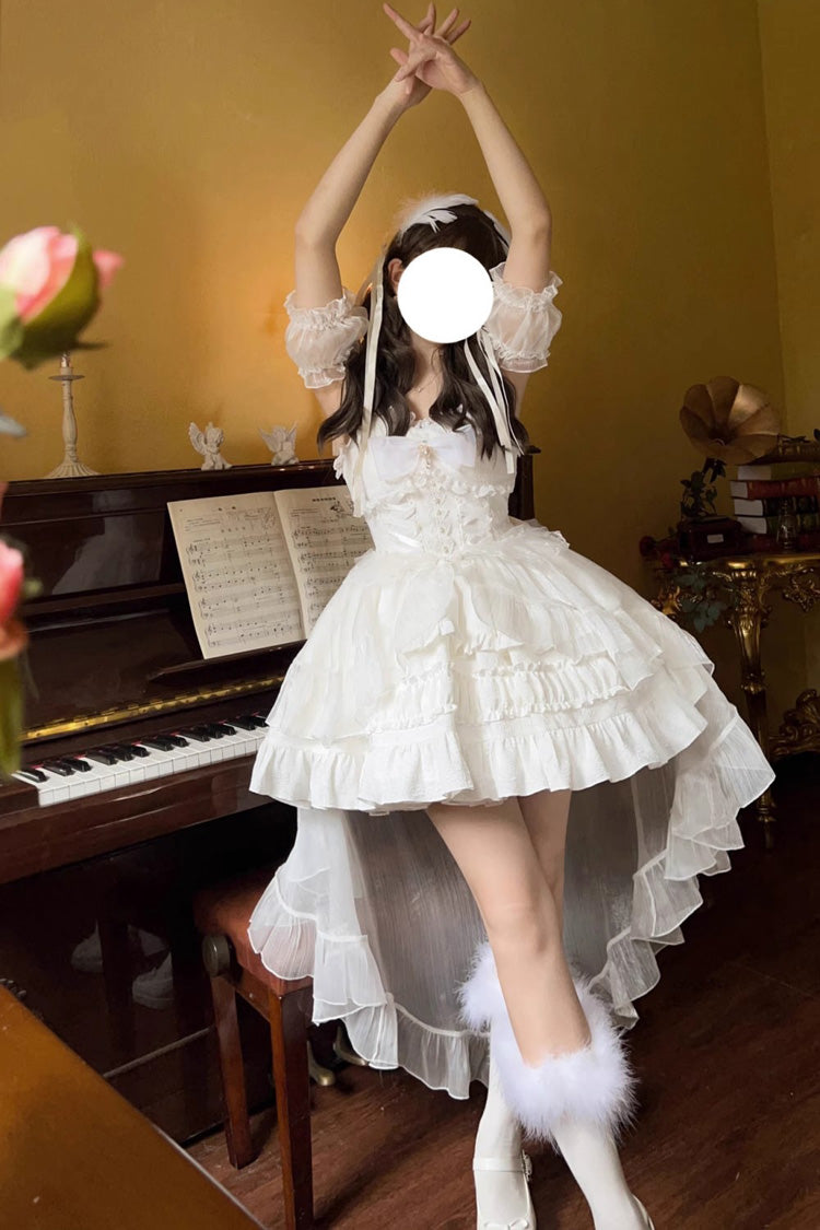 Sweet Lolita JSK - Multi-layer Ruffle Bowknot, White, Bow Detail, Ruffled - additional product view 2