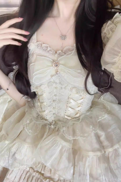 Sweet Lolita JSK - Multi-layer Ruffle Bowknot, White, Bow Detail, Ruffled - additional product view 5