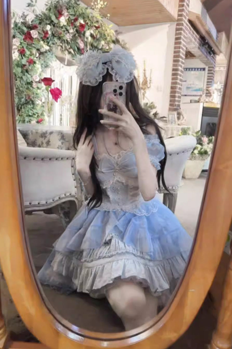Sweet Lolita JSK - Multi-layer Ruffle Bowknot, White, Bow Detail, Ruffled - additional product view 8