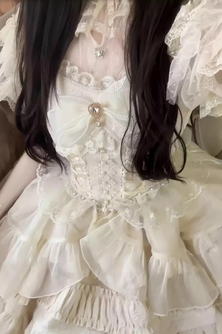 Sweet Lolita JSK - Multi-layer Ruffle Bowknot, White, Bow Detail, Ruffled - S Apricot / M Apricot / L Apricot option