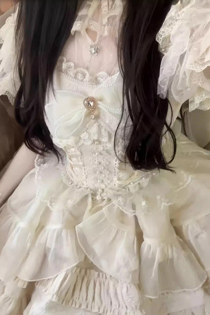Sweet Lolita JSK - Multi-layer Ruffle Bowknot, White, Bow Detail, Ruffled - S Apricot / M Apricot / L Apricot option