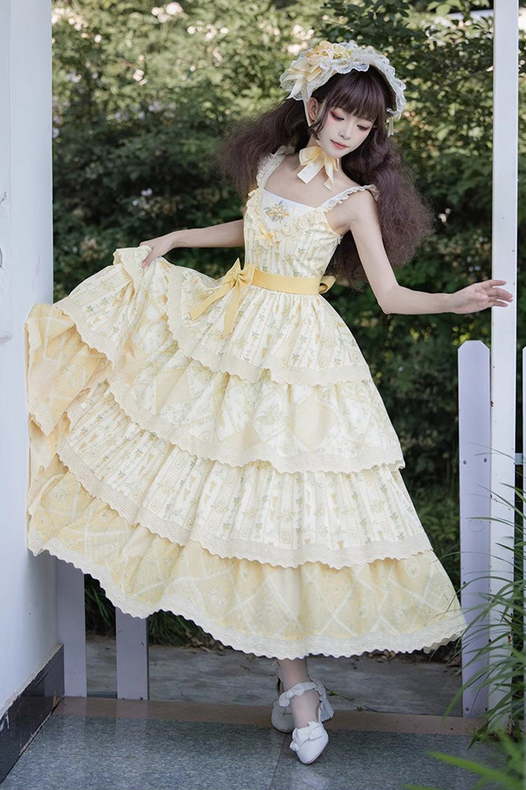 Sweet Lolita JSK - Multi-layer Sunflower Print, Yellow, Chinese-Inspired Style, Bow Detail - additional product view 2