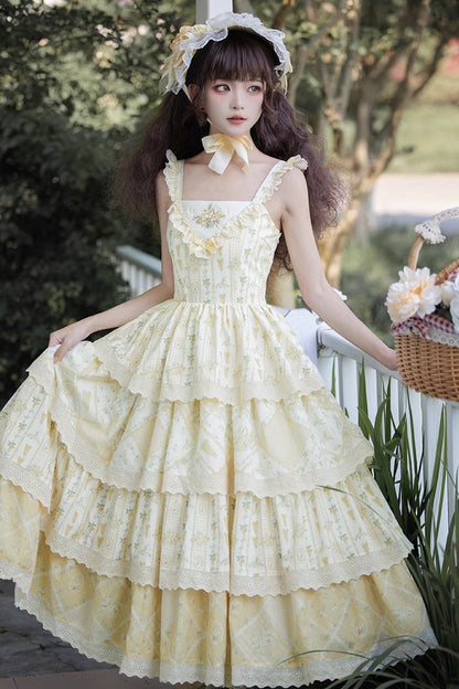Sweet Lolita JSK - Multi-layer Sunflower Print, Yellow, Chinese-Inspired Style, Bow Detail - additional product view 3