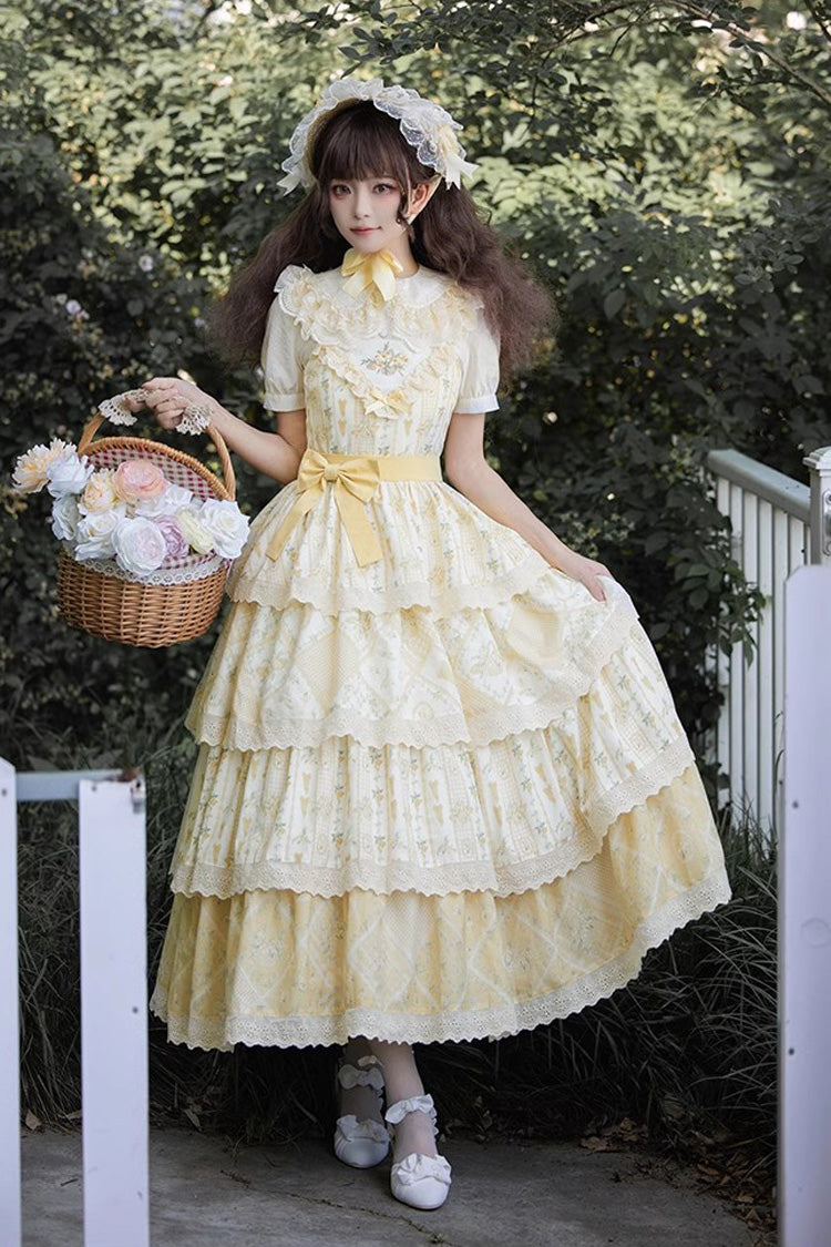 Sweet Lolita JSK - Multi-layer Sunflower Print, Yellow, Chinese-Inspired Style, Bow Detail - additional product view 4