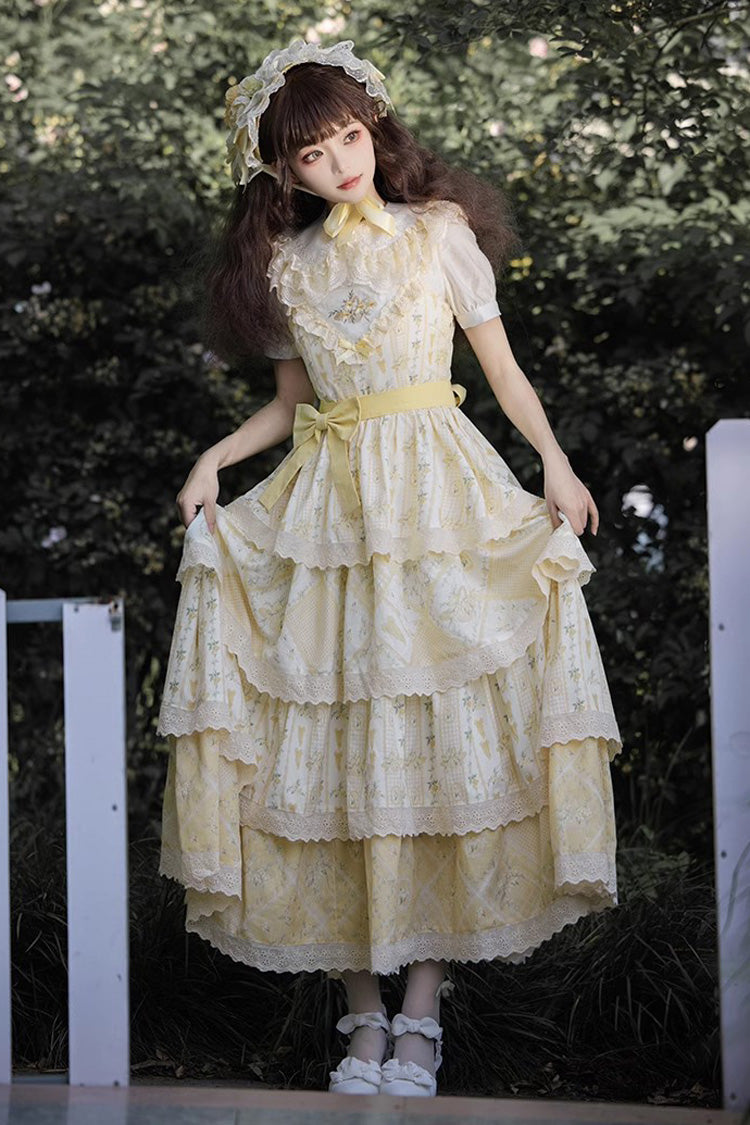 Sweet Lolita JSK - Multi-layer Sunflower Print, Yellow, Chinese-Inspired Style, Bow Detail - additional product view 6