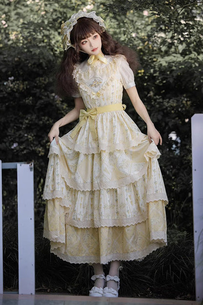 Sweet Lolita JSK - Multi-layer Sunflower Print, Yellow, Chinese-Inspired Style, Bow Detail - additional product view 6