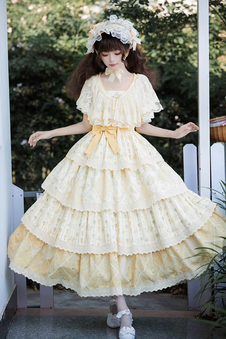 Sweet Lolita JSK - Multi-layer Sunflower Print, Yellow, Chinese-Inspired Style, Bow Detail - additional product view 8