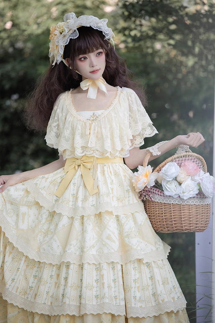 Sweet Lolita JSK - Multi-layer Sunflower Print, Yellow, Chinese-Inspired Style, Bow Detail - additional product view 9