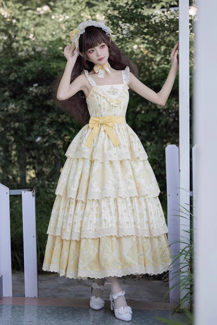 Sweet Lolita JSK - Multi-layer Sunflower Print, Yellow, Chinese-Inspired Style, Bow Detail - main product image