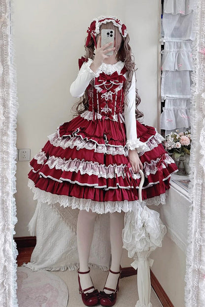 Sweet Lolita JSK - Multi-layered Ruffle Bowknot, 4 Colors, Lace Trim, Ruffled - additional product view 11