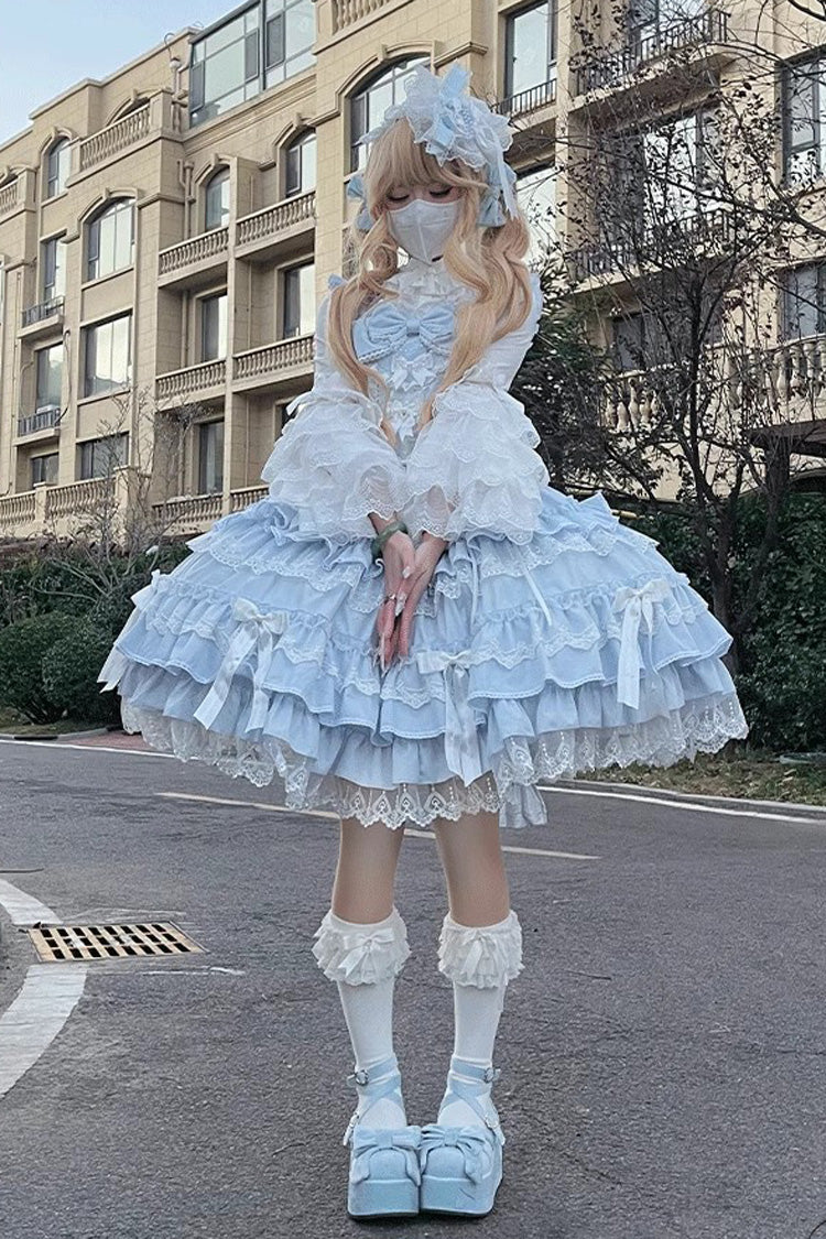 Sweet Lolita JSK - Multi-layered Ruffle Bowknot, 4 Colors, Lace Trim, Ruffled - S Blue / M Blue / L Blue option