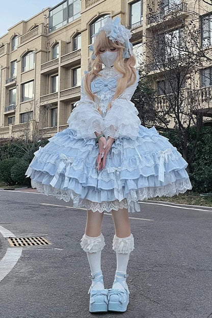 Sweet Lolita JSK - Multi-layered Ruffle Bowknot, 4 Colors, Lace Trim, Ruffled - S Blue / M Blue / L Blue option
