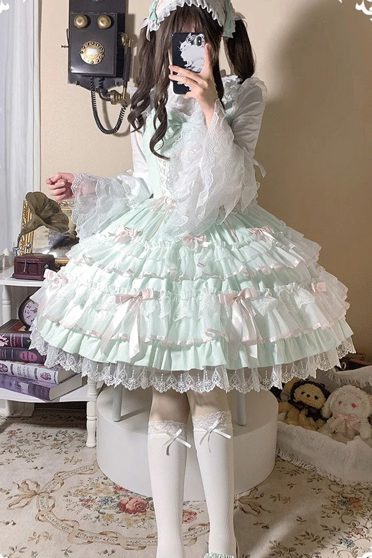 Sweet Lolita JSK - Multi-layered Ruffle Bowknot, 4 Colors, Lace Trim, Ruffled - S Green / M Green / L Green option