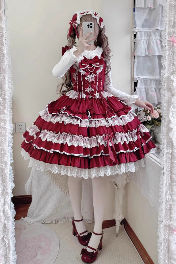 Sweet Lolita JSK - Multi-layered Ruffle Bowknot, 4 Colors, Lace Trim, Ruffled - S Red / M Red / L Red option