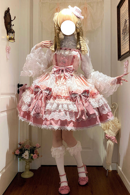 Sweet Lolita JSK - Multi-layered Ruffle Bowknot, Pink, Lace Trim, Ruffled, Bow Detail - additional product view 2