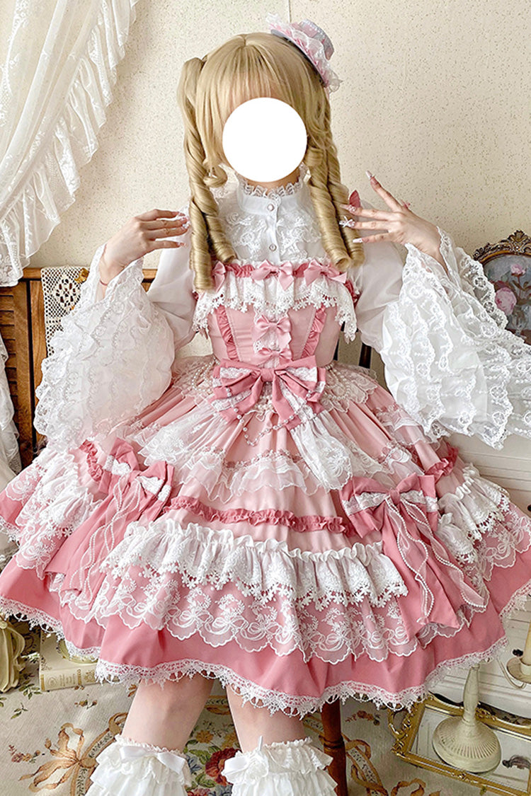 Sweet Lolita JSK - Multi-layered Ruffle Bowknot, Pink, Lace Trim, Ruffled, Bow Detail - additional product view 3