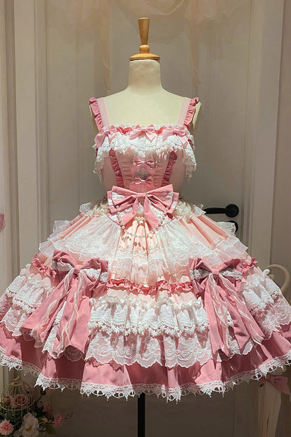Sweet Lolita JSK - Multi-layered Ruffle Bowknot, Pink, Lace Trim, Ruffled, Bow Detail - main product image