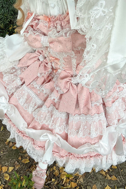 Sweet Lolita JSK - Multi-layered Ruffle Bowknot, Pink, Plus Size, Bow Detail, Lace Trim - additional product view 2