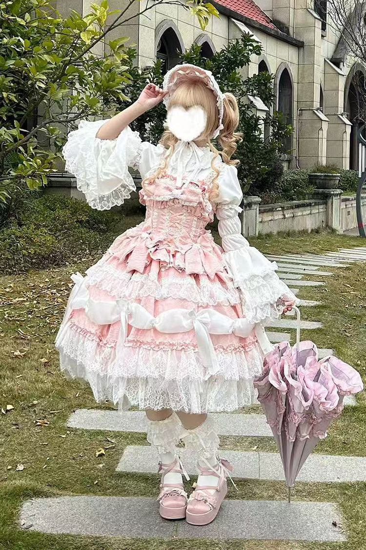Sweet Lolita JSK - Multi-layered Ruffle Bowknot, Pink, Plus Size, Bow Detail, Lace Trim - additional product view 3