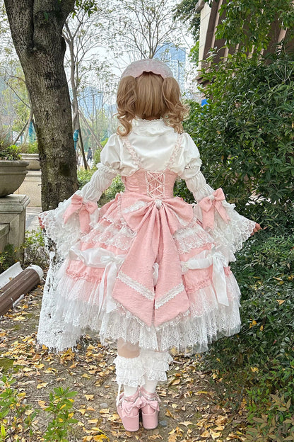 Sweet Lolita JSK - Multi-layered Ruffle Bowknot, Pink, Plus Size, Bow Detail, Lace Trim - additional product view 4
