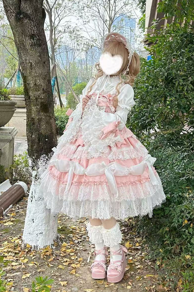 Sweet Lolita JSK - Multi-layered Ruffle Bowknot, Pink, Plus Size, Bow Detail, Lace Trim - additional product view 5
