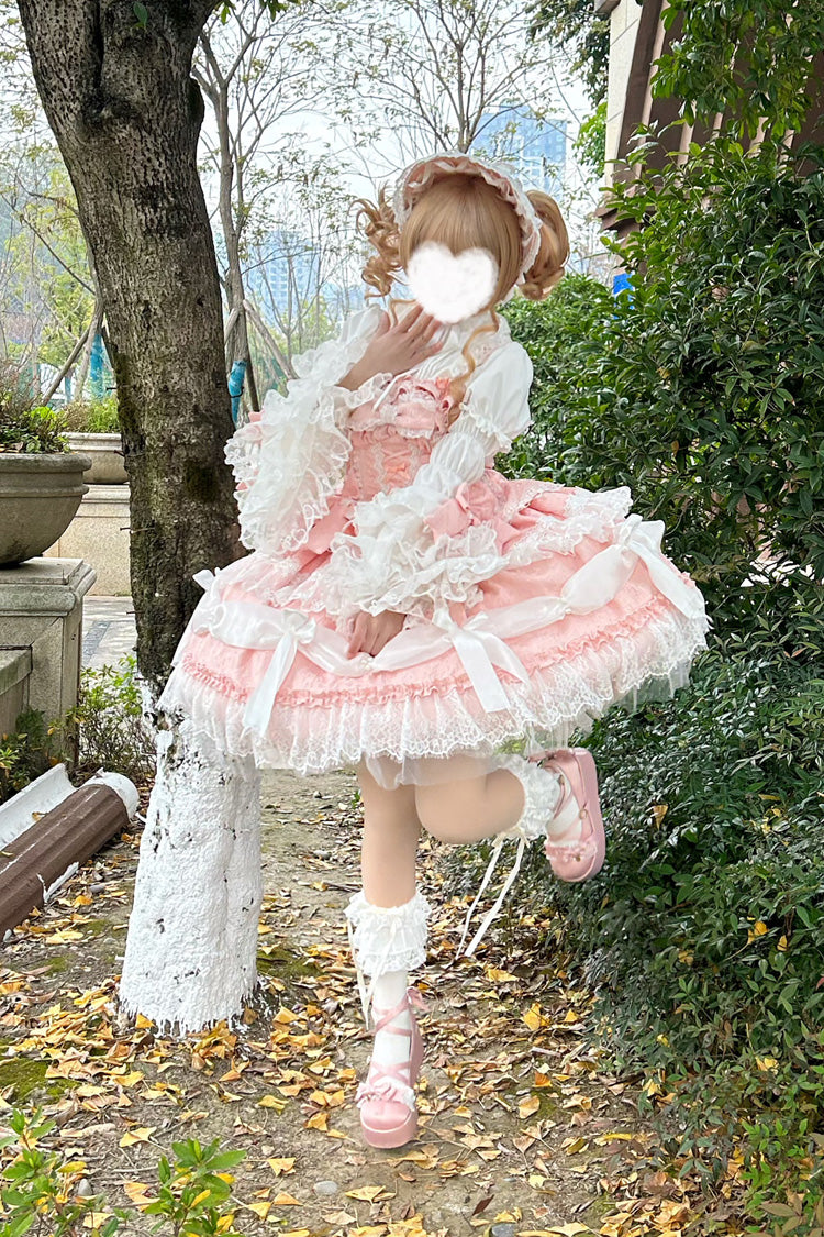 Sweet Lolita JSK - Multi-layered Ruffle Bowknot, Pink, Plus Size, Bow Detail, Lace Trim - additional product view 6