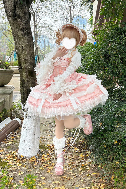 Sweet Lolita JSK - Multi-layered Ruffle Bowknot, Pink, Plus Size, Bow Detail, Lace Trim - additional product view 6