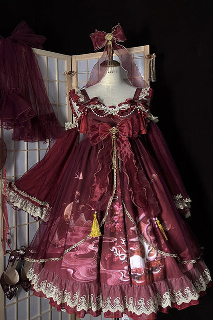 Sweet Lolita JSK - Nine-tailed Fox, 2 Colors, Bow Detail, Ruffled, Printed - additional product view 3