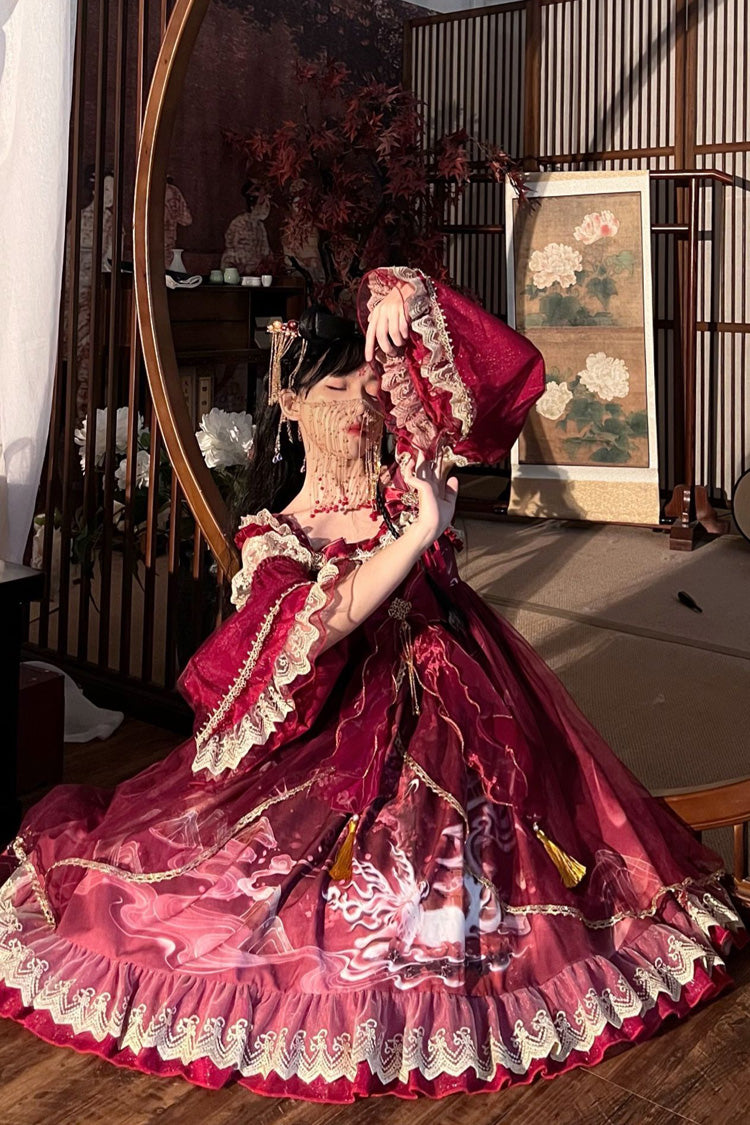 Sweet Lolita JSK - Nine-tailed Fox, 2 Colors, Bow Detail, Ruffled, Printed - additional product view 4