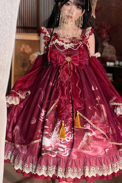 Sweet Lolita JSK - Nine-tailed Fox, 2 Colors, Bow Detail, Ruffled, Printed - additional product view 6