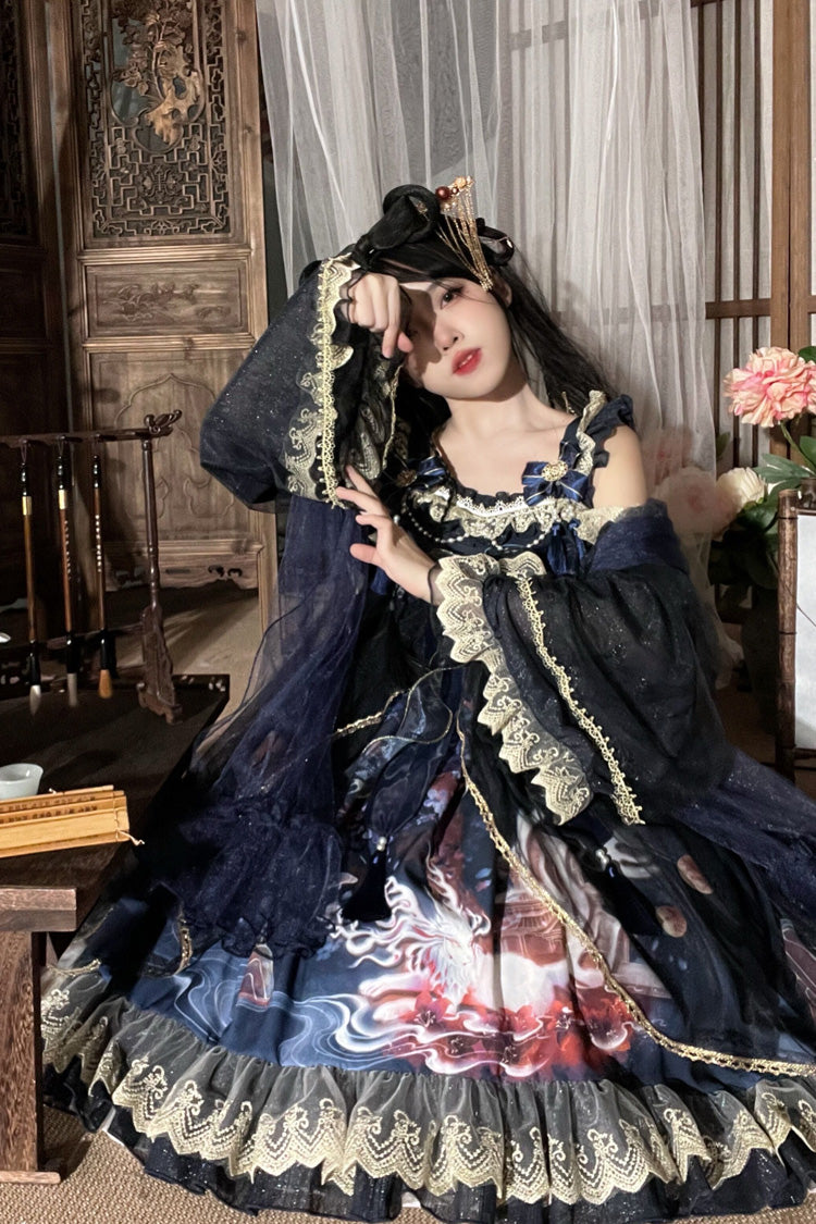 Sweet Lolita JSK - Nine-tailed Fox, 2 Colors, Bow Detail, Ruffled, Printed - additional product view 7