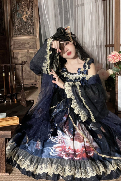 Sweet Lolita JSK - Nine-tailed Fox, 2 Colors, Bow Detail, Ruffled, Printed - additional product view 7