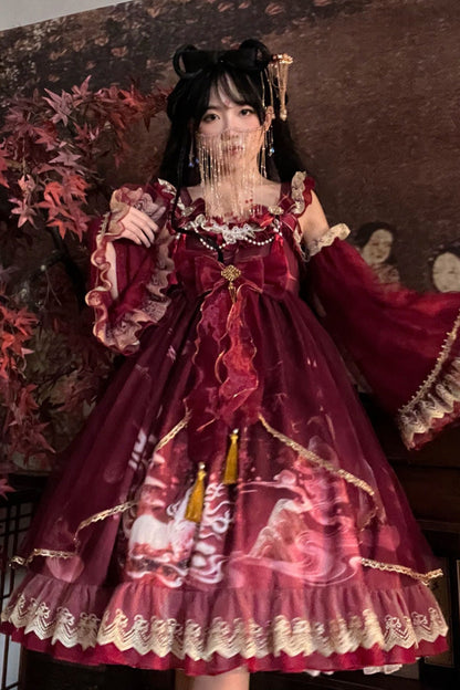 Sweet Lolita JSK - Nine-tailed Fox, 2 Colors, Bow Detail, Ruffled, Printed - main product image
