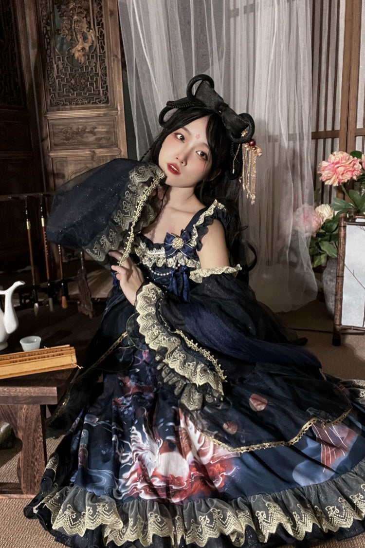 Sweet Lolita JSK - Nine-tailed Fox, 2 Colors, Bow Detail, Ruffled, Printed - S Blue / M Blue / L Blue option