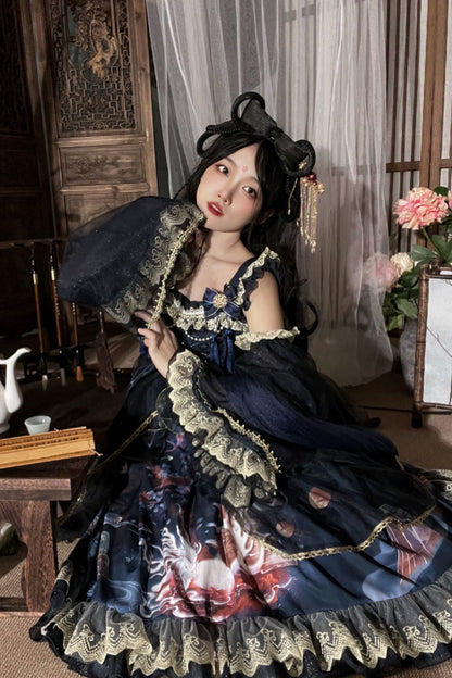 Sweet Lolita JSK - Nine-tailed Fox, 2 Colors, Bow Detail, Ruffled, Printed - S Blue / M Blue / L Blue option