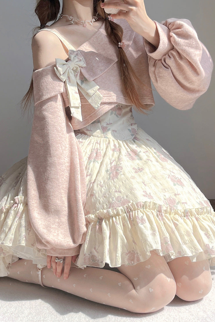Sweet Lolita JSK - Oblique Shoulder Print, Pink, Lace Trim, Ruffled, Printed - additional product view 2