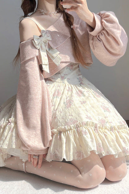 Sweet Lolita JSK - Oblique Shoulder Print, Pink, Lace Trim, Ruffled, Printed - additional product view 2