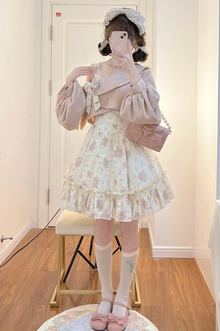 Sweet Lolita JSK - Oblique Shoulder Print, Pink, Lace Trim, Ruffled, Printed - additional product view 3