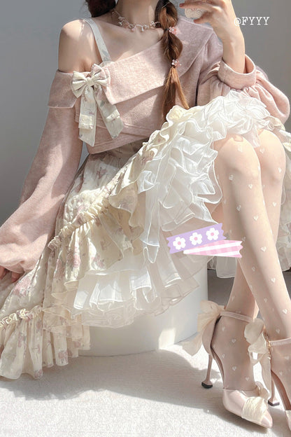Sweet Lolita JSK - Oblique Shoulder Print, Pink, Lace Trim, Ruffled, Printed - additional product view 4