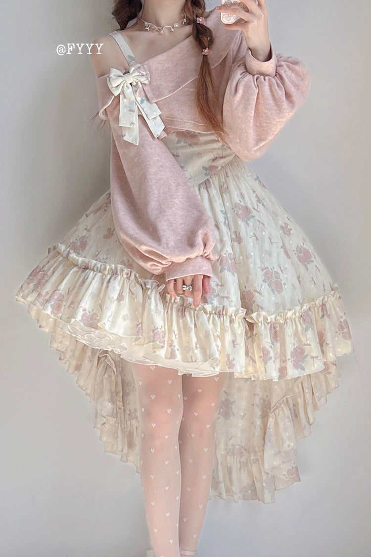 Sweet Lolita JSK - Oblique Shoulder Print, Pink, Lace Trim, Ruffled, Printed - additional product view 5