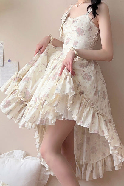 Sweet Lolita JSK - Oblique Shoulder Print, Pink, Lace Trim, Ruffled, Printed - additional product view 6