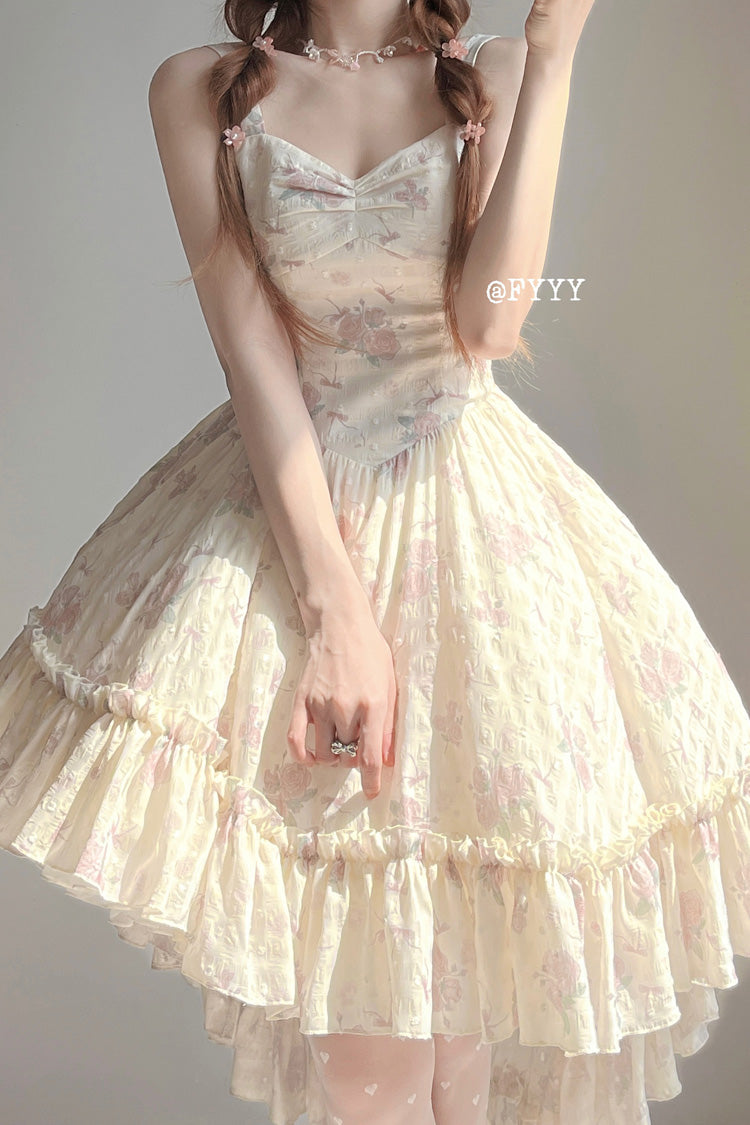 Sweet Lolita JSK - Oblique Shoulder Print, Pink, Lace Trim, Ruffled, Printed - additional product view 8