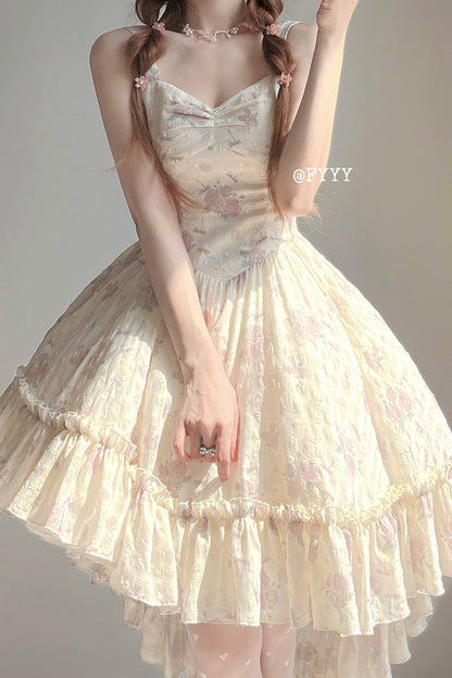 Sweet Lolita JSK - Oblique Shoulder Print, Pink, Lace Trim, Ruffled, Printed - additional product view 8