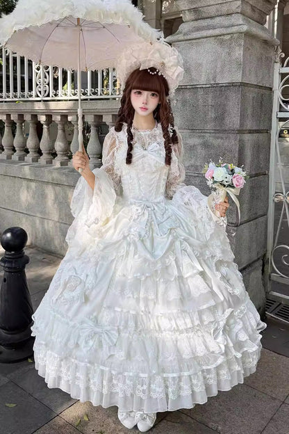 Sweet Lolita JSK - Ode Of The Curtain, White, Layered, Lace-Up, Bow Detail - additional product view 2