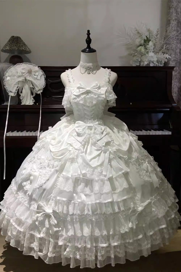 Sweet Lolita JSK - Ode Of The Curtain, White, Layered, Lace-Up, Bow Detail - additional product view 3