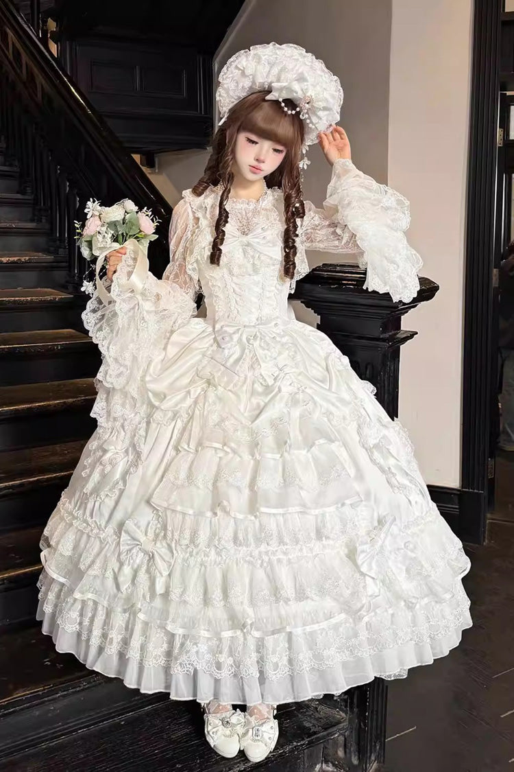 Sweet Lolita JSK - Ode Of The Curtain, White, Layered, Lace-Up, Bow Detail - additional product view 4